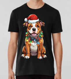 American Bully Dog Tangled In Christmas Lights Christmas Santa Hat T-shirt